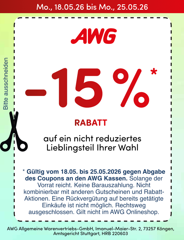 Ein gelber Flyer zeigt vier Rabattcoupons für AWG, die 15 bis 20 % Rabatt auf ausgewählte Marken wie Tommy Hilfiger und Only bieten.