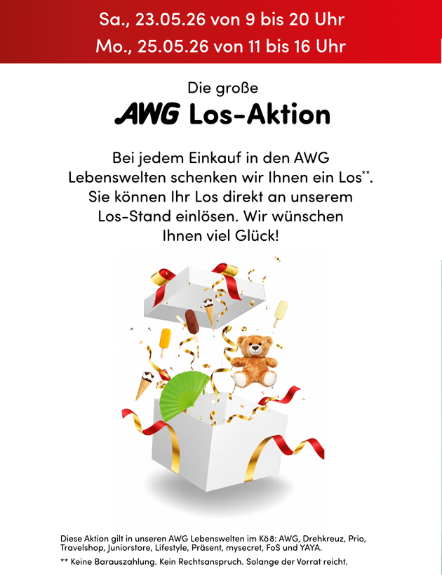 AMG Los-Aktion-Flyer mit rotem Header, Geschenkbox und weihnachtlichen Süßigkeiten-Grafiken