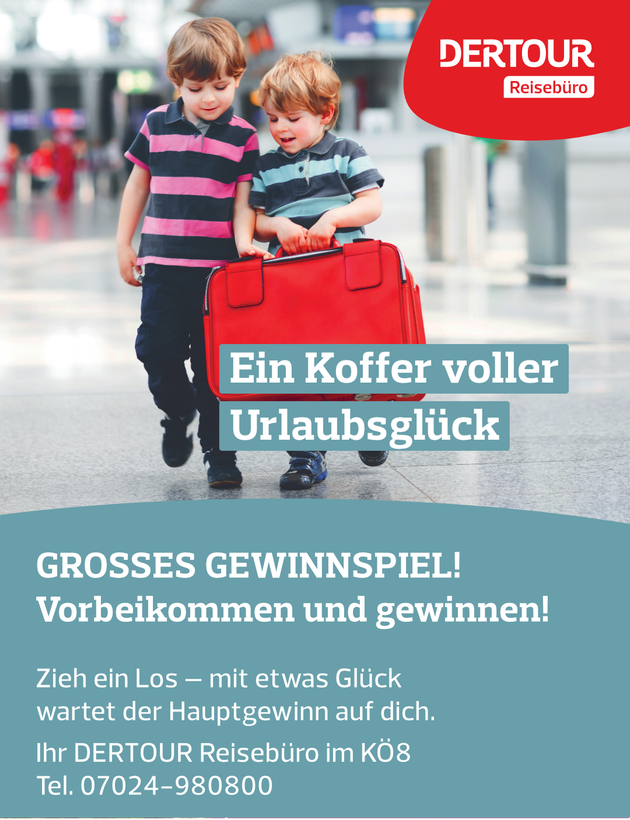 Zwei Kinder mit einem roten Koffer, deutsche DERTOUR-Gewinnspielwerbung auf hellgrauem Hintergrund