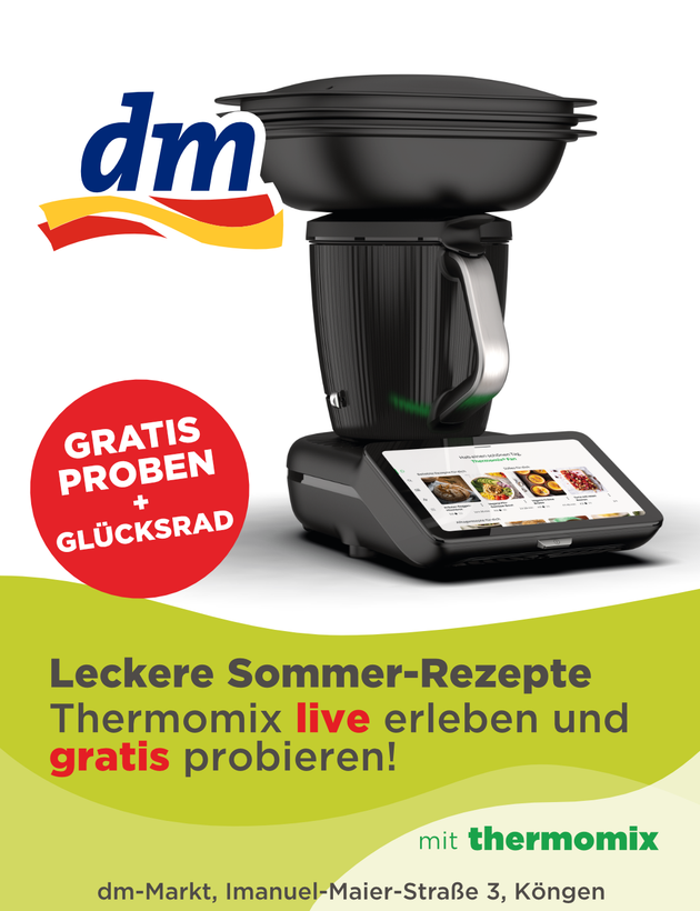 Direktnachricht mit Werbung für ein kostenloses Thermomix-Probeangebot und Sommerrezepte, gekennzeichnet mit einem roten „Gratis probieren“-Abzeichen