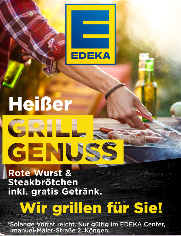 EDEKA-Grillanzeige mit Händen beim Grillen, Text: „Heißer Grillgenuss“ und „Wir grillen für Sie!“