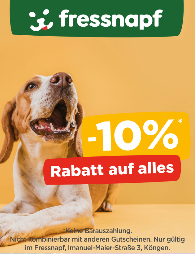 Fressnapf-Werbeaktion mit Hund, gelbem Hintergrund, -10% Rabatt auf alle Artikel