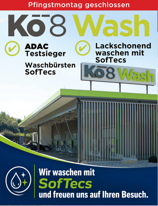 Blaue und grüne Werbung für die Autowaschanlage Kö8 Wash mit Gebäudefoto und deutschem Text über SofTecs-Waschtechnik.