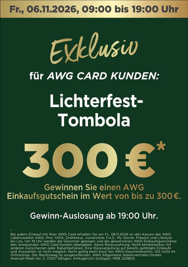 Grüne Werbeanzeige: Lichtfest-Tombola für AWG-Card-Kunden, 300 € Einkaufsgutschein, 06.11.2026