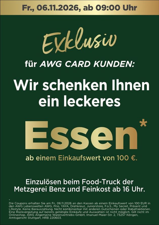 Werbeflyer in Grün und Gold für AWG Card-Kunden: kostenloses Essen am Foodtruck der Metzgerei Benz.