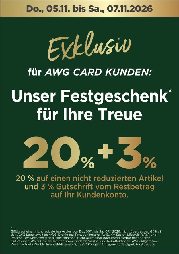 Werbeplakat in Grün und Gold: 20 % Rabatt und 3 % Cashback für AWG-Card-Kunden, Do. 05.11. bis Sa. 07.11.2026