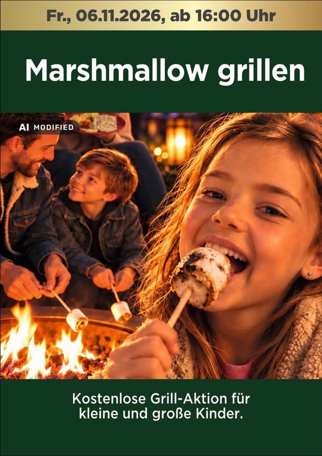 Grill-Aktionsplakat mit Kindern, die am Lagerfeuer Marshmallows rösten, grüne Kopfzeile und deutscher Veranstaltungstext