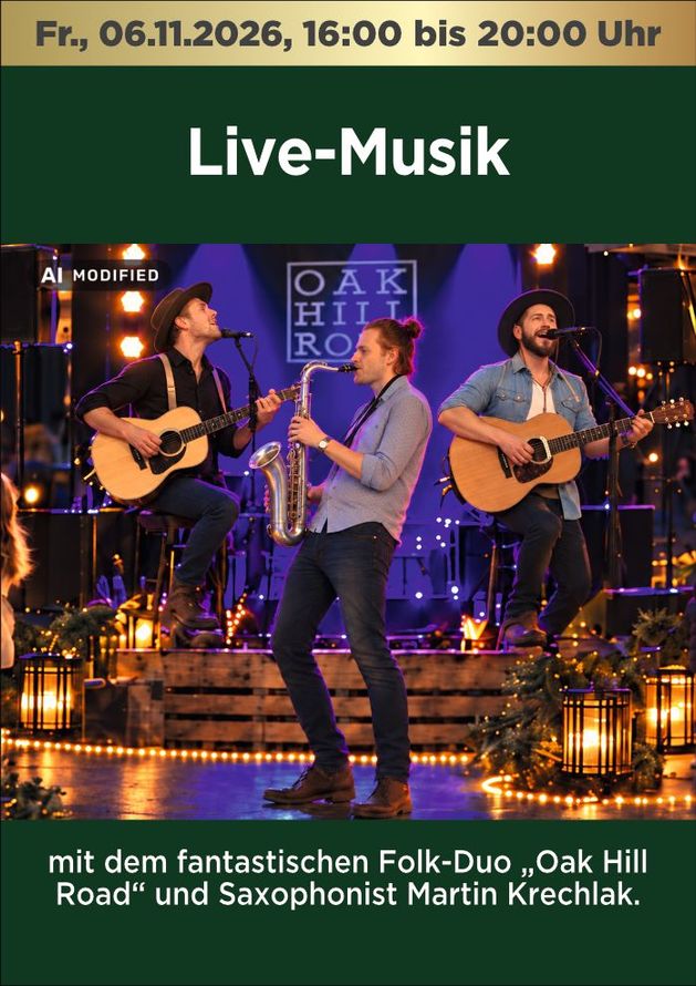 Live-Musik-Poster mit drei Musikern, die unter warmem Licht auf der Bühne auftreten