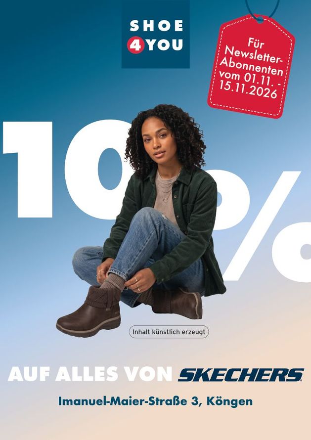Skechers-Anzeige mit einem sitzenden Model vor blauem Hintergrund, „10 %“ Rabatt und den Geschäftsdaten für Imanuel-Maier-Straße 3, Kengen