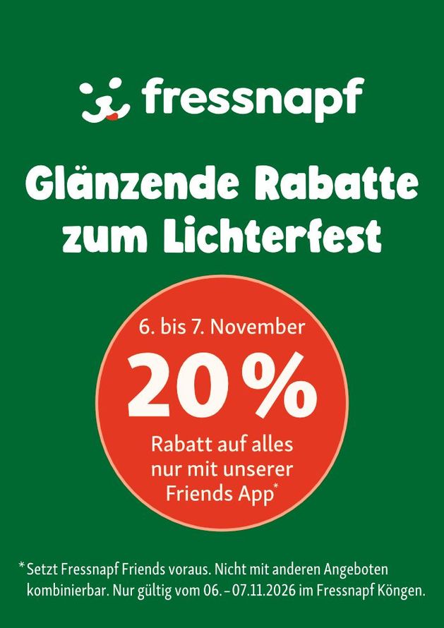 Fressnapf-Werbeplakat mit rotem 20-%-Badge und deutschem Text für die Rabatte zum „Lichterfest“, 6.–7. November