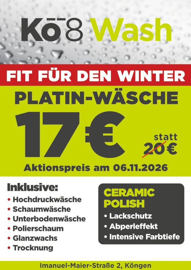 Ko8 Wash-Werbeplakat für die Platinwäsche im Winter: 17 € statt 20 €, inklusive Waschleistungen und Ceramic Polish.