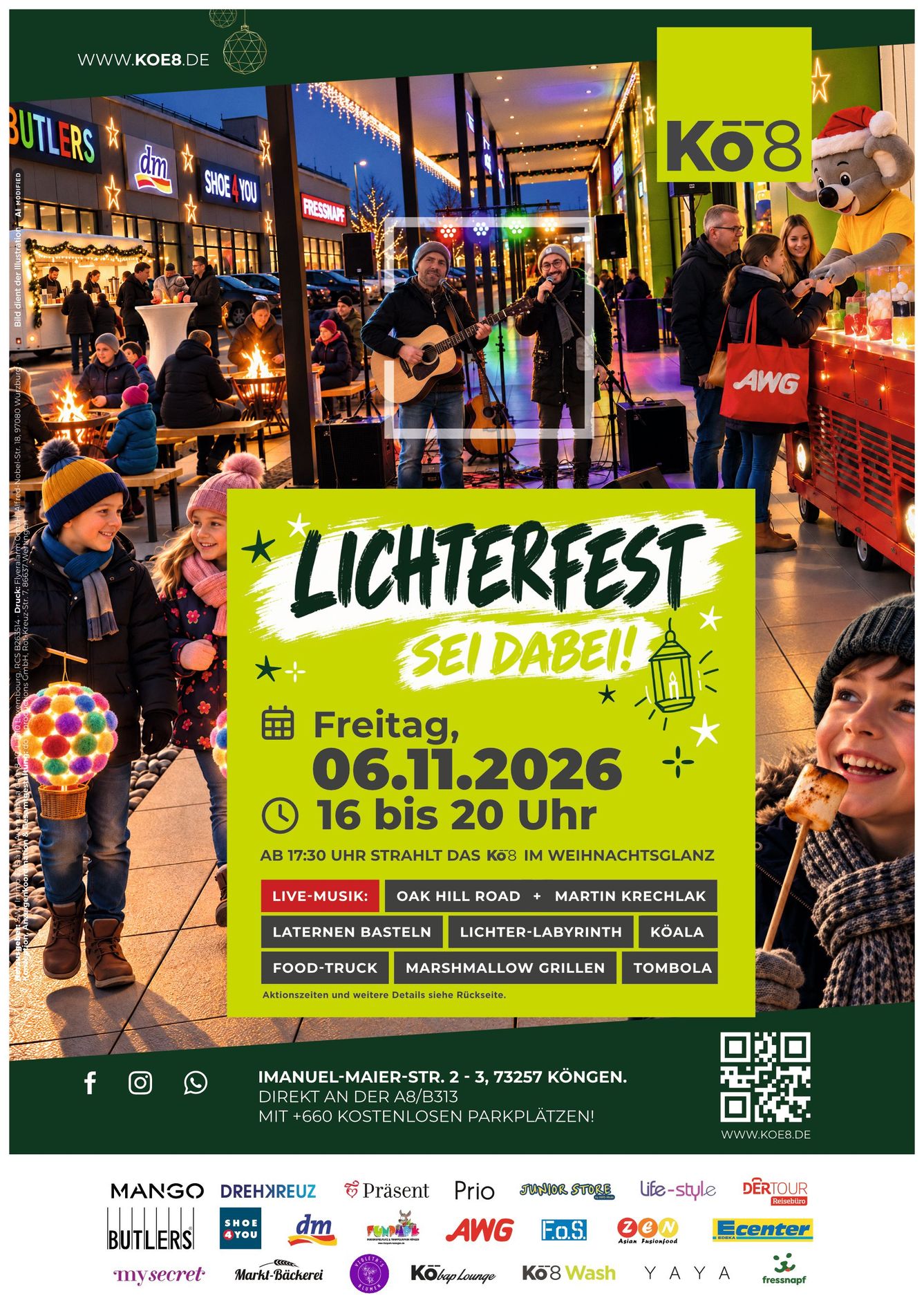 Poster für das Lichterfest am 06.11.2026 auf einem lebhaften Markt mit Lichtern, Menschenmengen und leuchtend gelb-grüner Schrift.