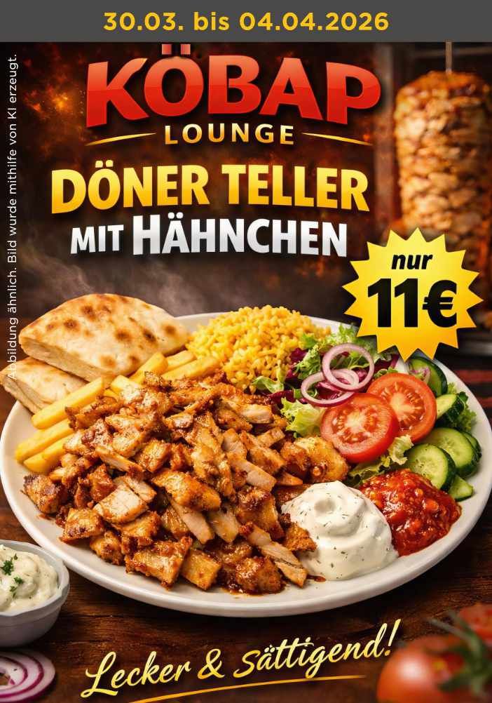 Ein Werbeflyer für Köbap Lounge, der einen Hähnchen-Döner-Teller für 11 € vom 30. März bis 4. April 2026 bewirbt.