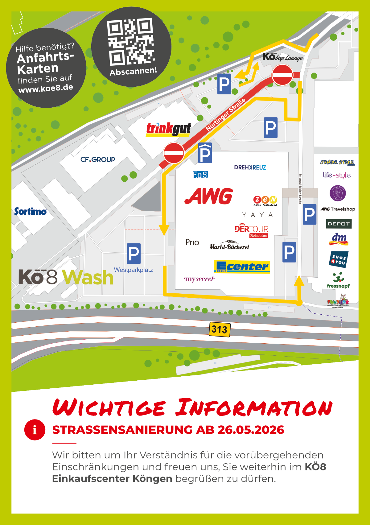 Plakat im Kartenstil mit wichtigen Informationen: Straßensperrung ab 26.05.2026 mit Umleitungspfeilen und Parkplatzsymbolen