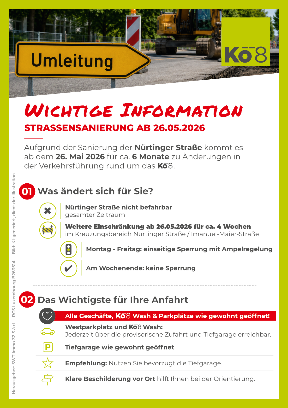 Straßensperrungsanzeige mit gelbem Umleitungsschild und rotem „Wichtige Information“-Schild für Baustelle ab 26.05.2026