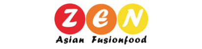 Logo für Zen Asian Fusionfood: Rote, orange und gelbe Kreise mit den weißen Buchstaben Z, e, N. Darunter steht „Asian Fusionfood“.