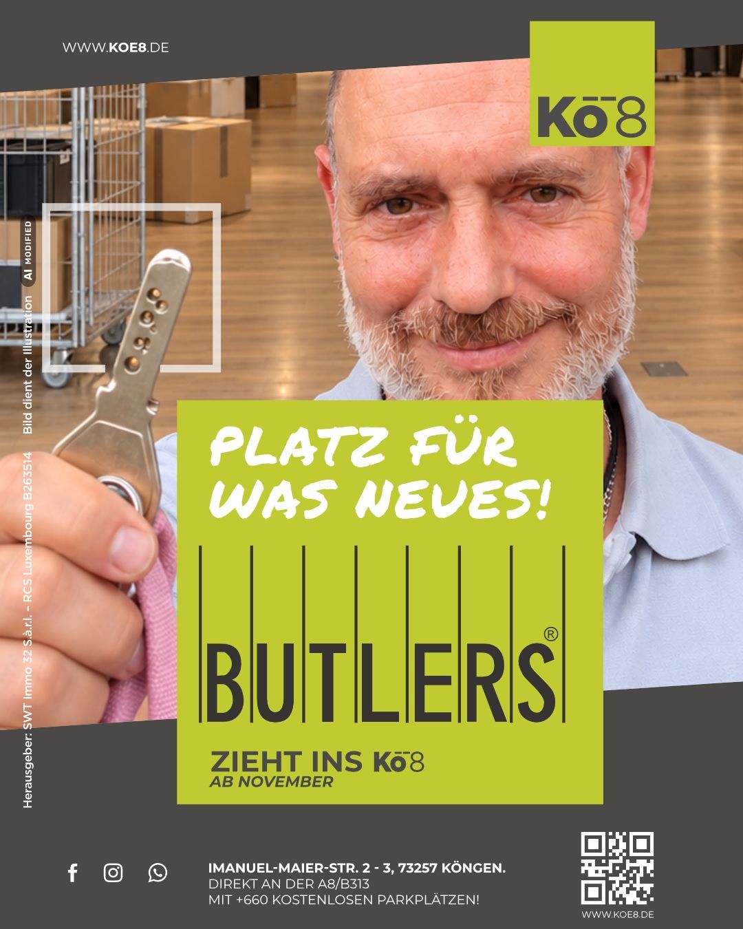 Lächelnder Mann hält einen Schlüssel, daneben deutscher Werbetext auf Grün und Schwarz für Butlers und KÖ8. BUTLERS zieht ins KÖ8. Ab November.