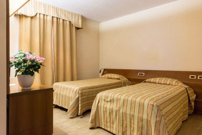 Una stanza d'albergo con due letti e un vaso di fiori sulla cassettiera.
