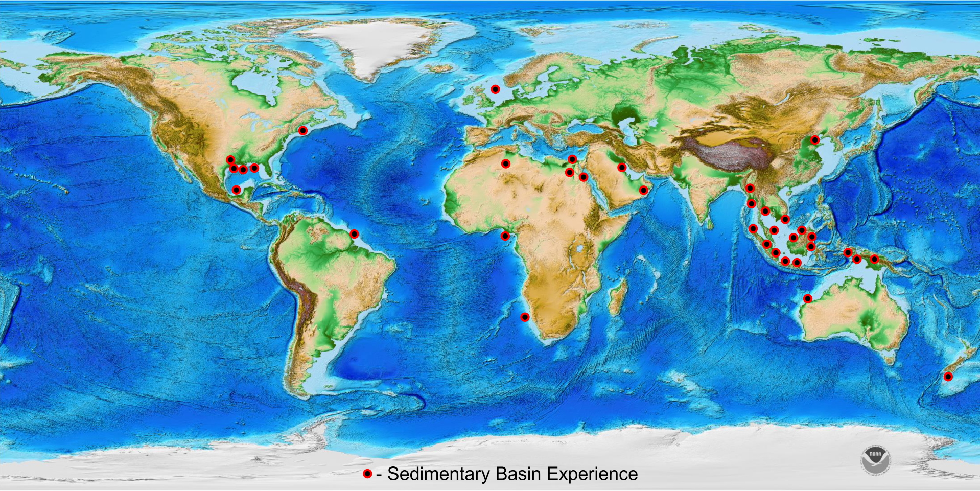 World map with red dots indicating locations.