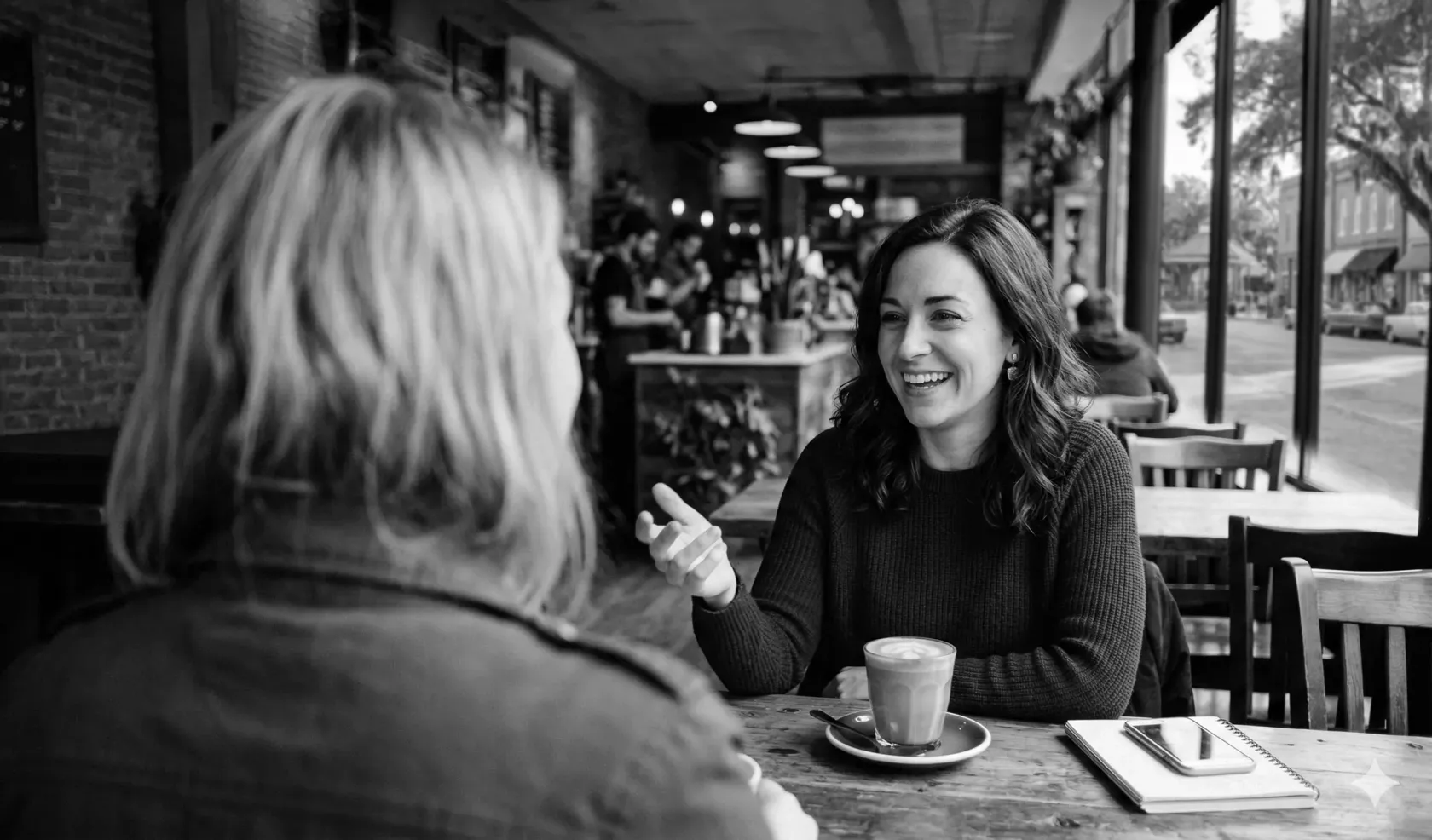 Two women are sitting at a table talking to each other in a black and white photo.