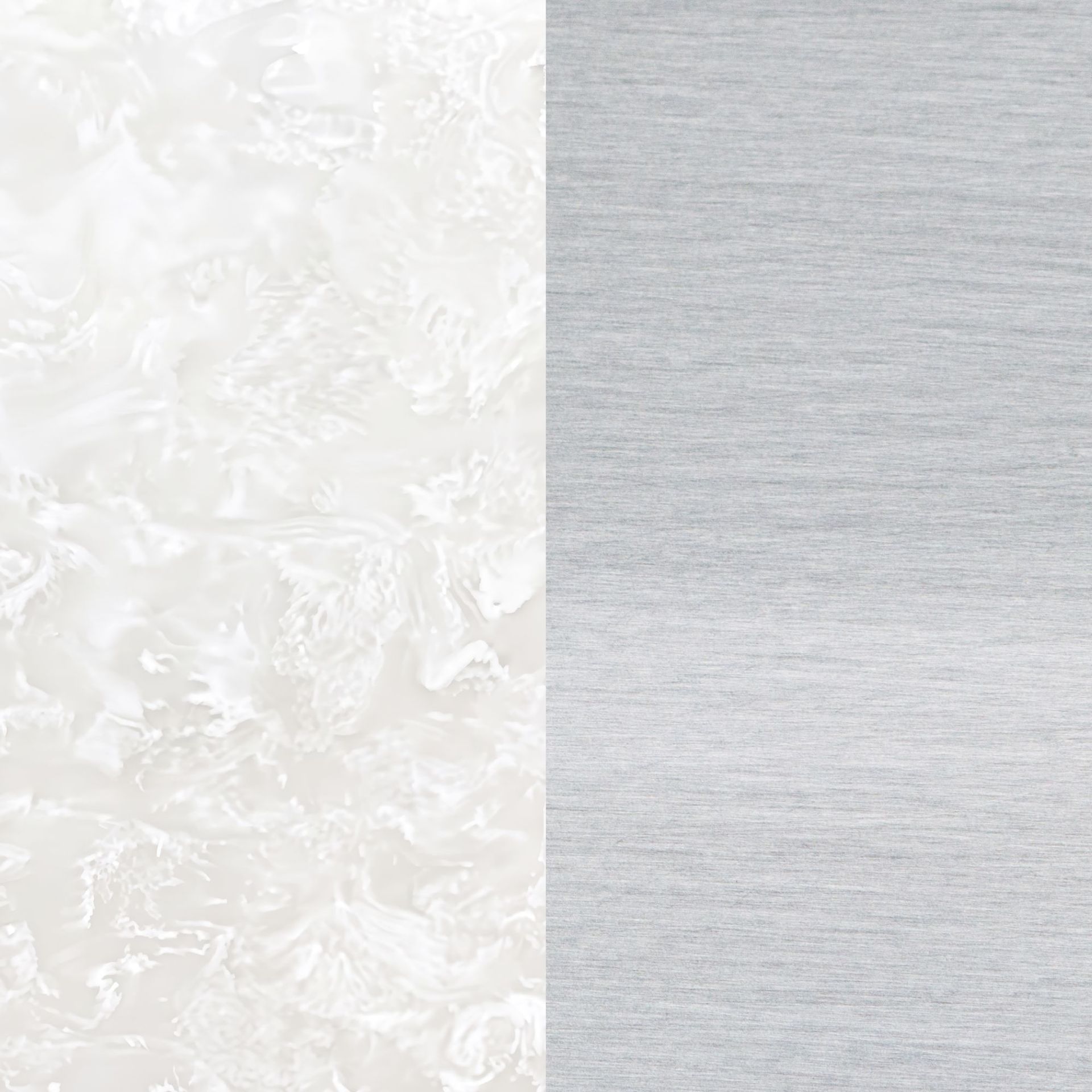 White textured floral pattern on the left with a brushed silver-gray background on the right