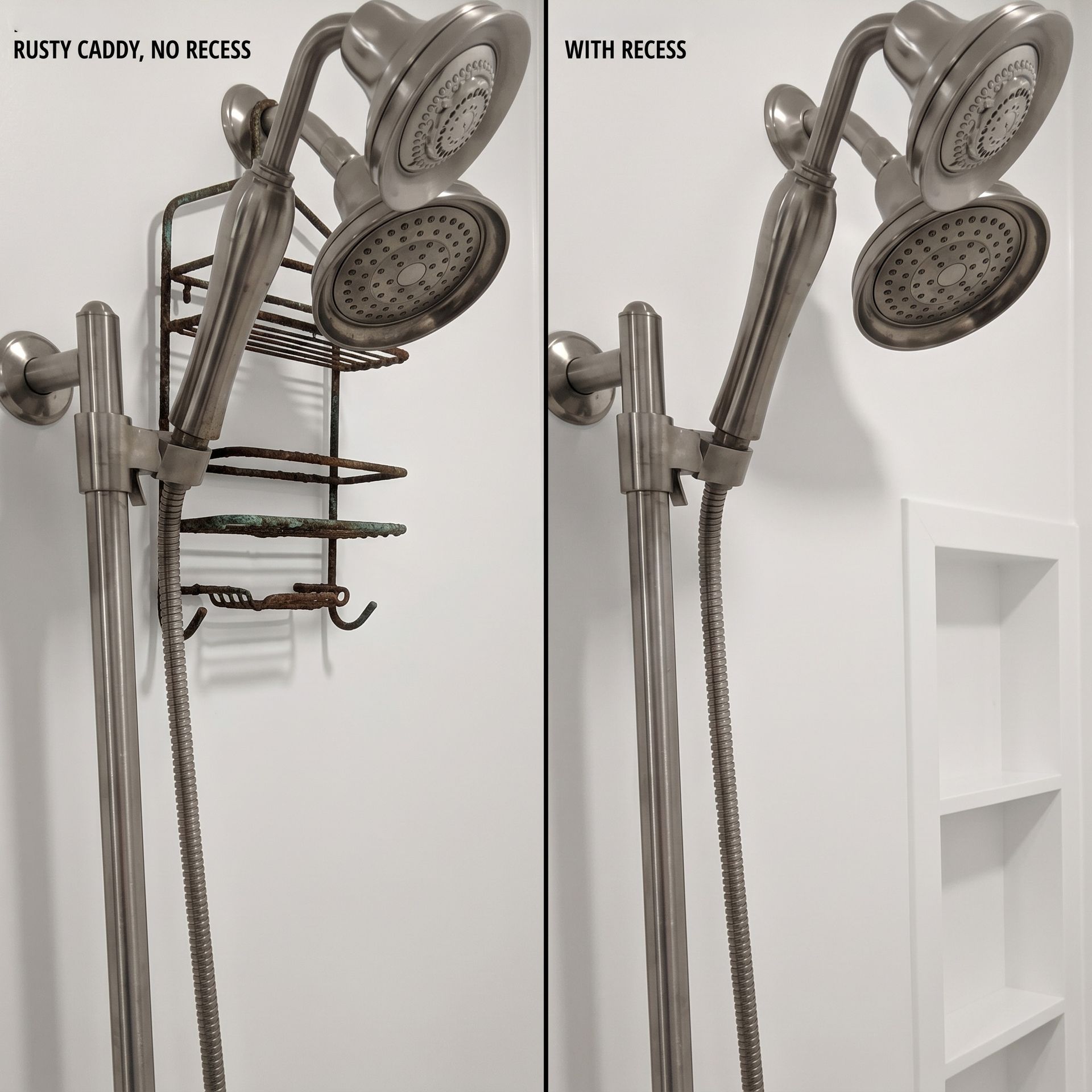 Rusty caddy shower head before and after cleaning, showing tarnished metal on left and polished on right