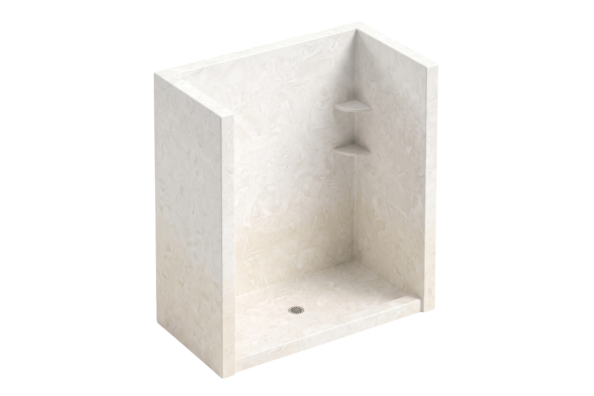 White stone shower stall with built-in shelf and drain on the floor