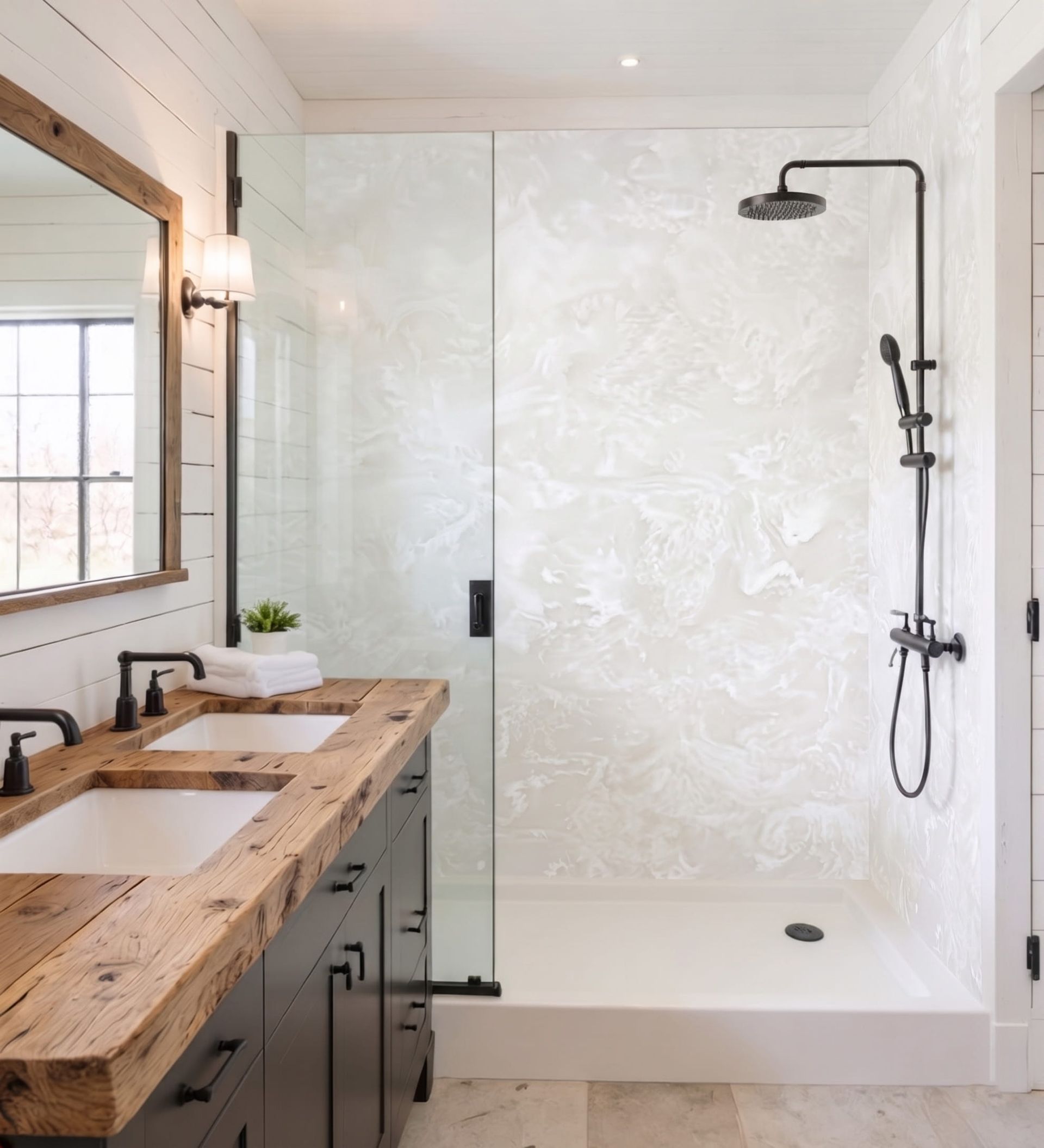 Modern bathroom with wood vanity, mirror, and glass shower with white textured tile shower wall