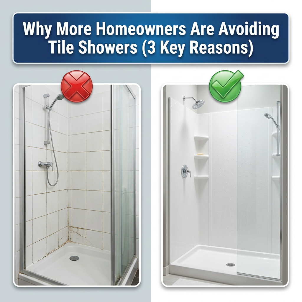Side-by-side comparison of tile shower with grout lines and grout-free shower wall panel