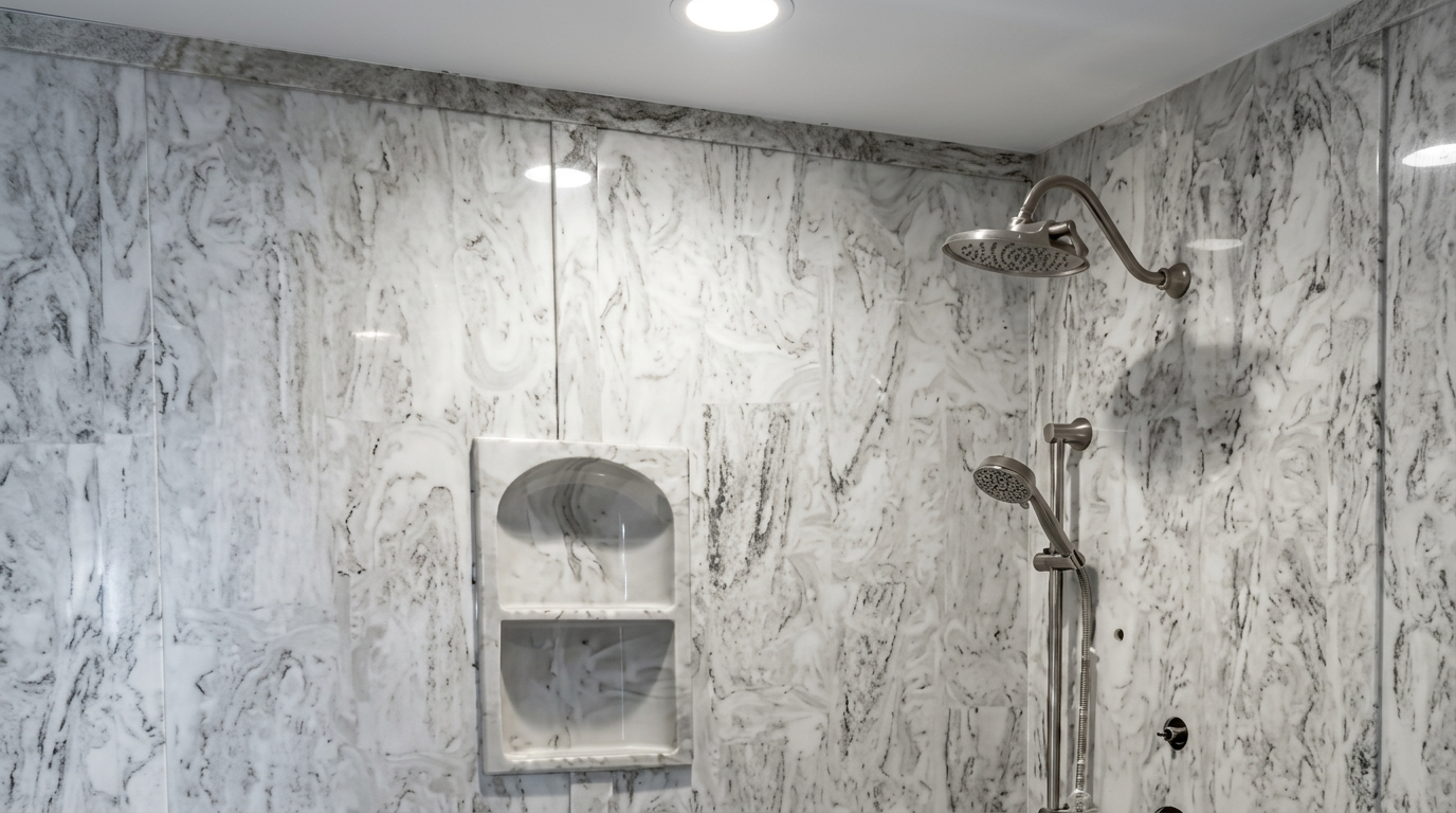 Marble-tiled shower with a built-in niche and dual showerheads under a ceiling light