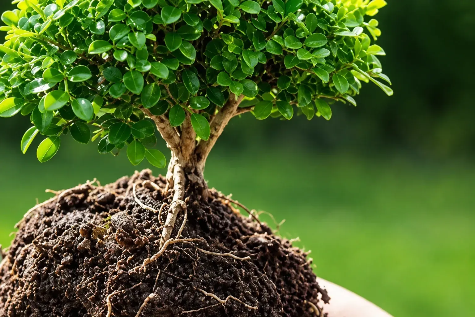 Young tree with exposed roots held in soil