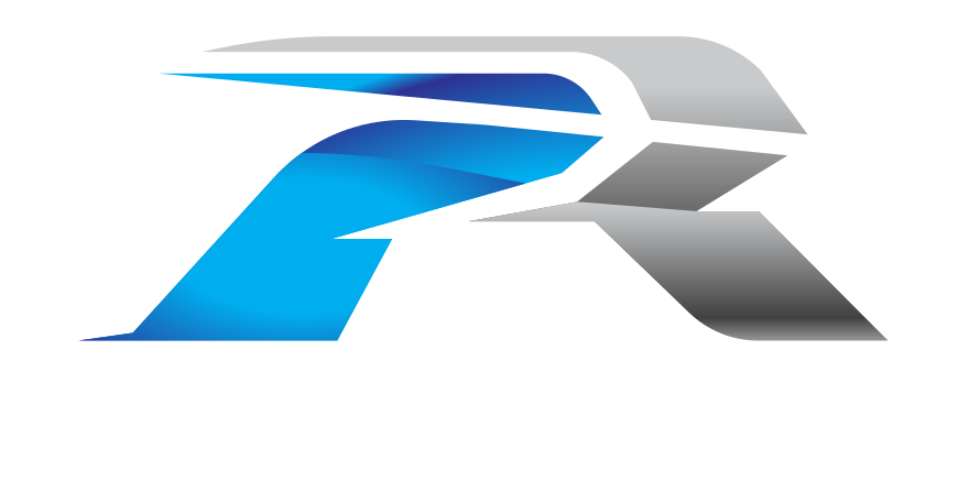 Stylized blue and gray letter R logo on a white background