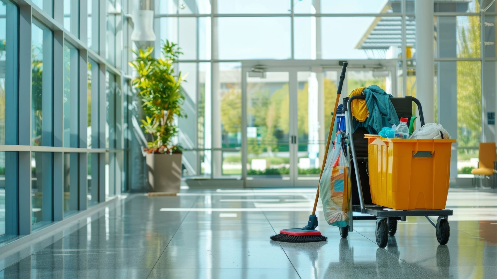 Cleaning supplies cart in a sunny, modern hallway with large windows and a potted tree.