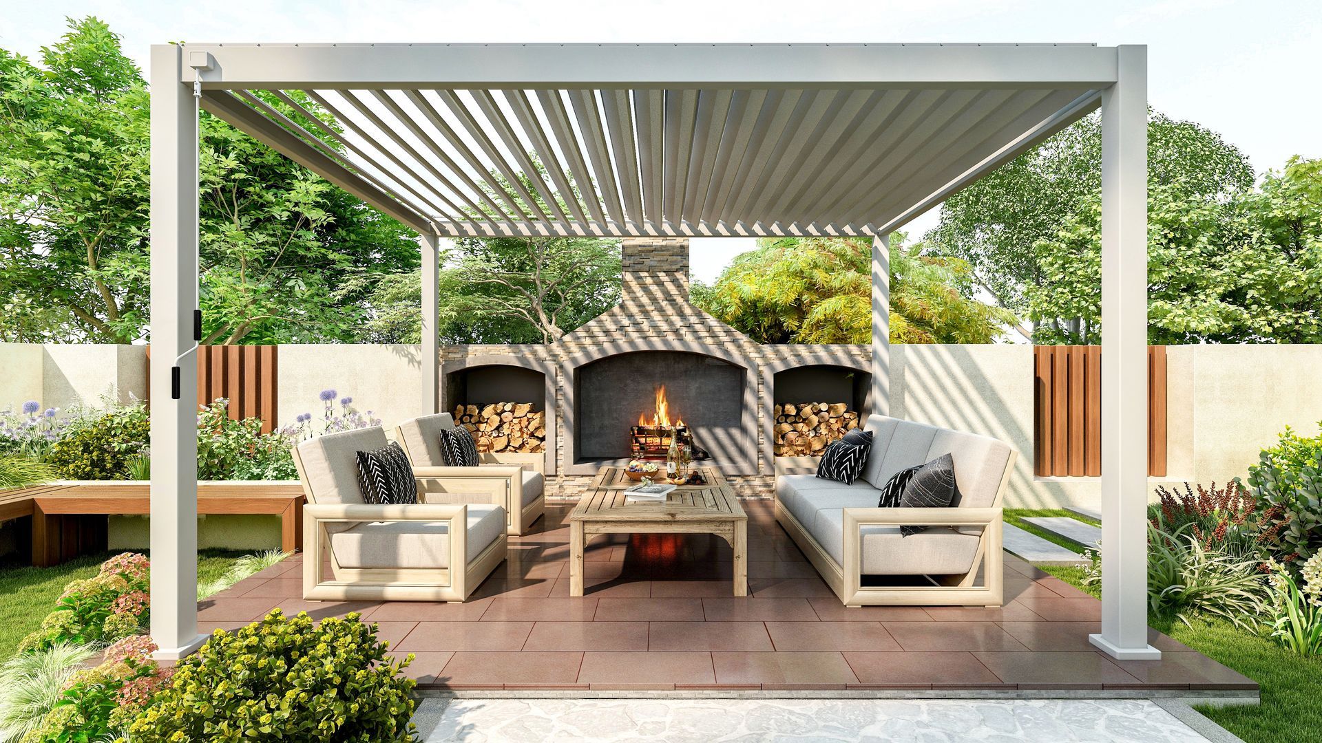 Modern outdoor patio with pergola, stone fireplace, and cushioned seating surrounded by greenery Modern outdoor patio with pergola, stone fireplace, and cushioned seating surrounded by greenery