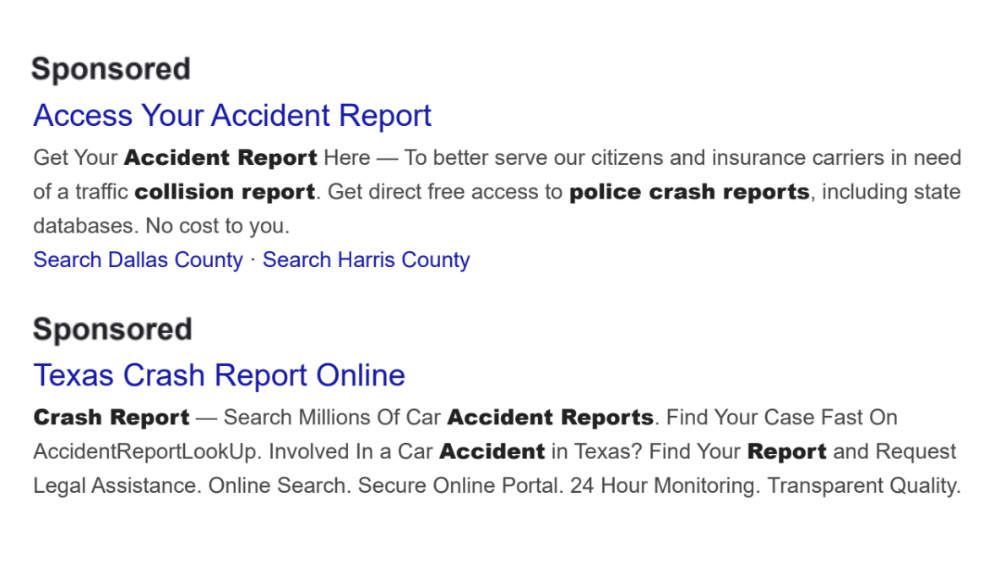 Sponsored crash report listings.