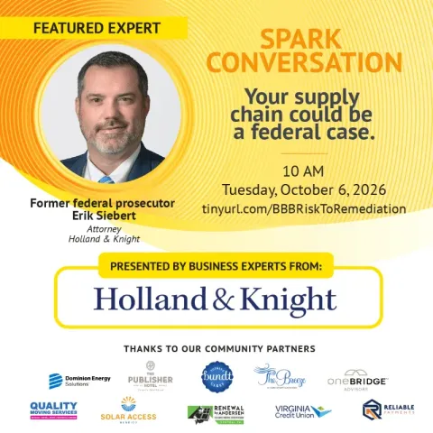 Spark Conversation webinar flyer with Holland & Knight logo and featured expert Eric Shultz on supply chain as federal case.