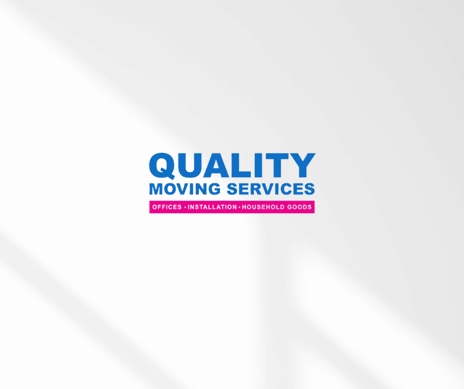 Quality Moving Services logo in blue and pink on a white background