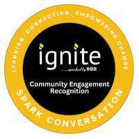 Community engagement badge is in yellow circle with black in the center and white letters