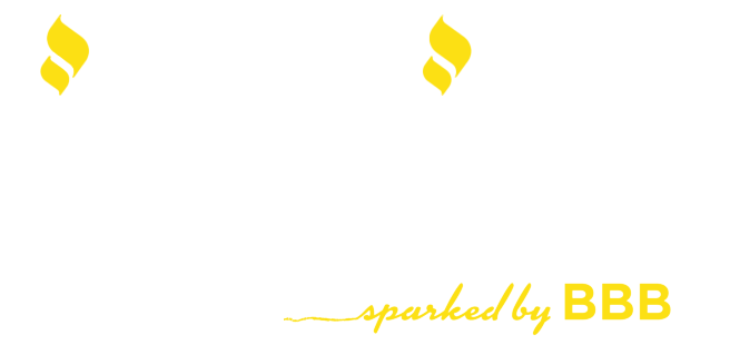 Two gold flame-like symbols, one in each top corner, on a white background.