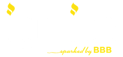 Two gold flame-like symbols, one in each top corner, on a white background.