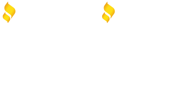 Two gold flame-like symbols, one in each top corner, on a white background.