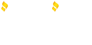 Two gold flame-like symbols, one in each top corner, on a white background.