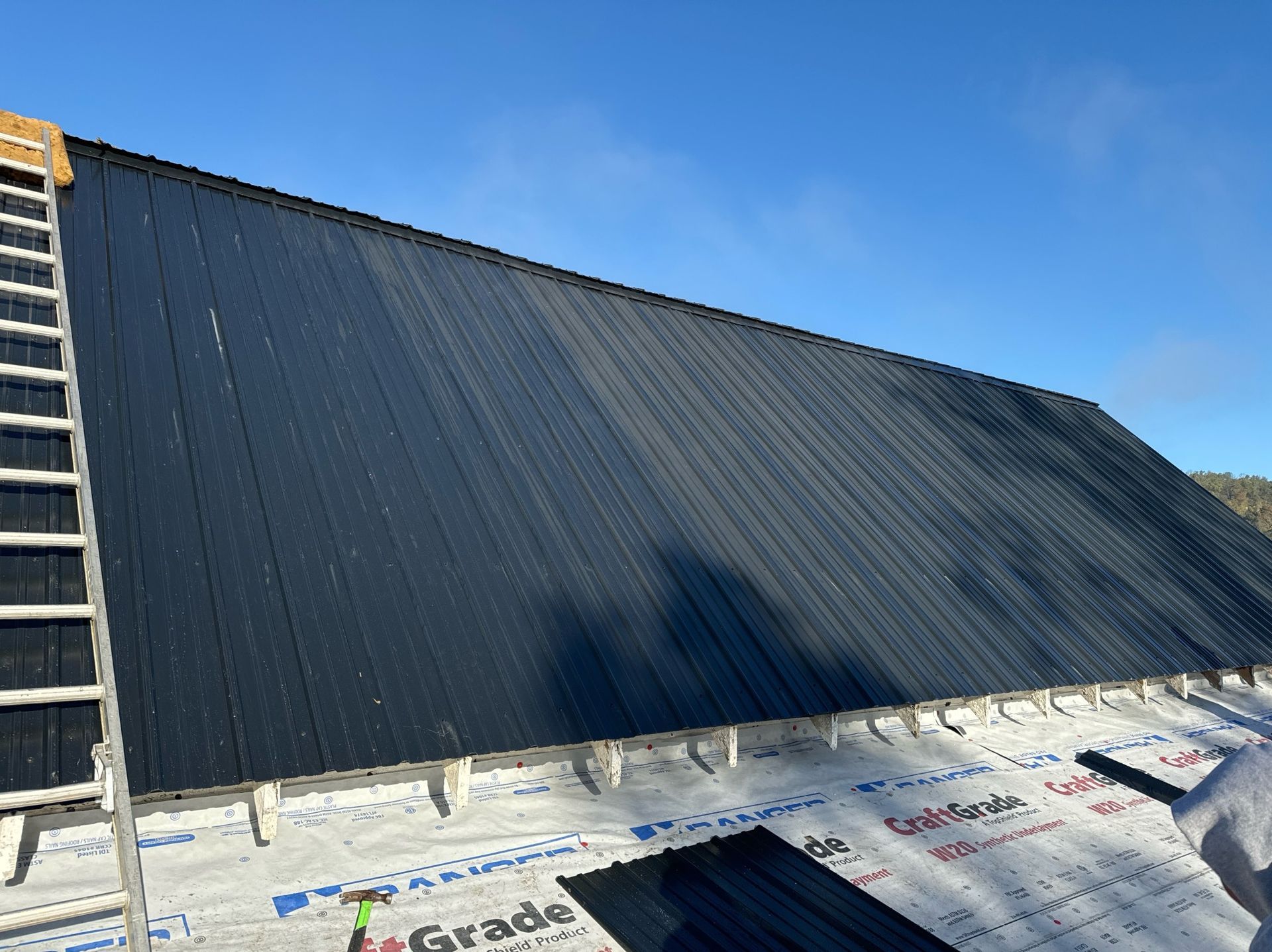 A ladder is sitting on top of a black roof.