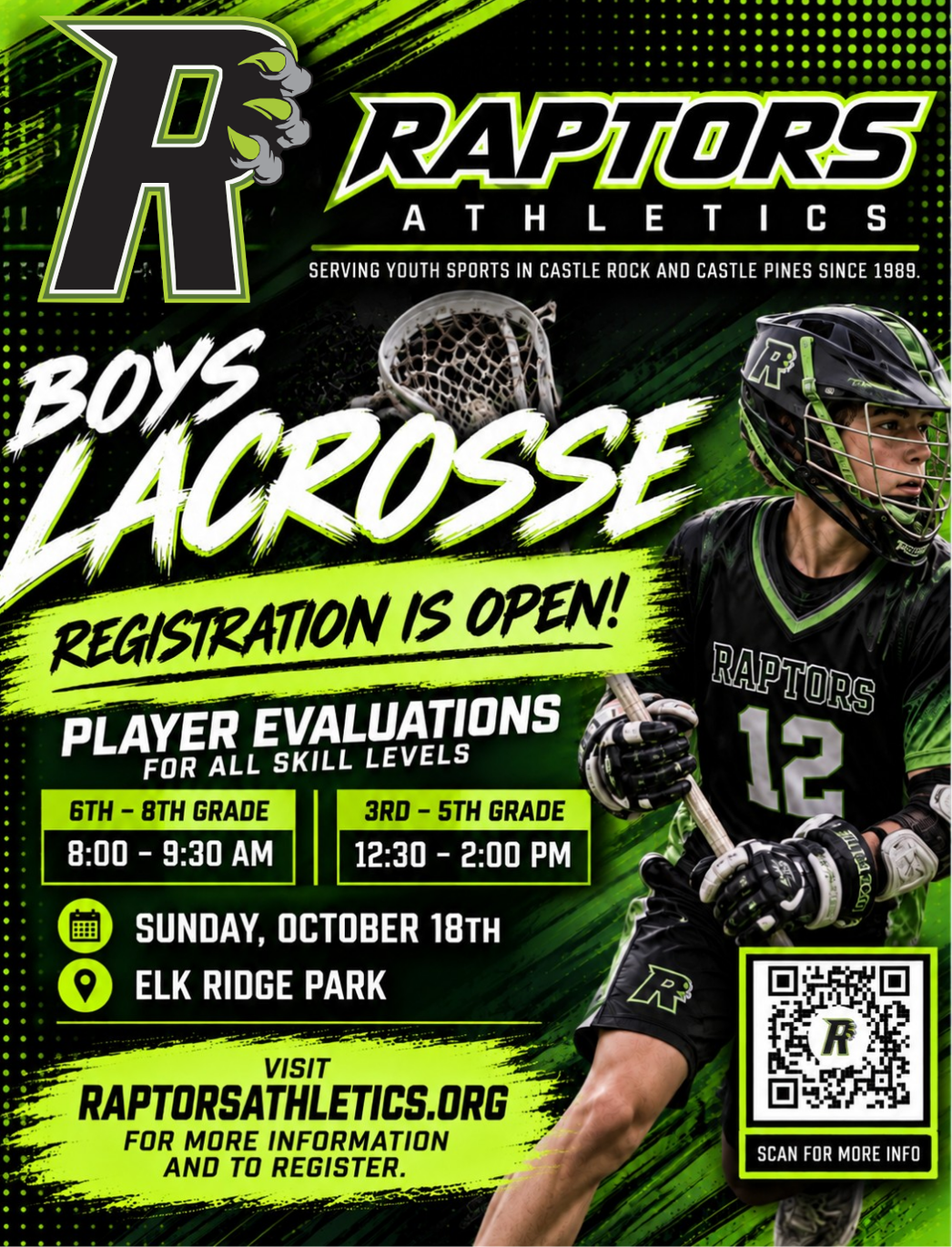 Raptors Boys Lacrosse registration open - player evaluations Sunday, October 18 at Elk Ridge Park