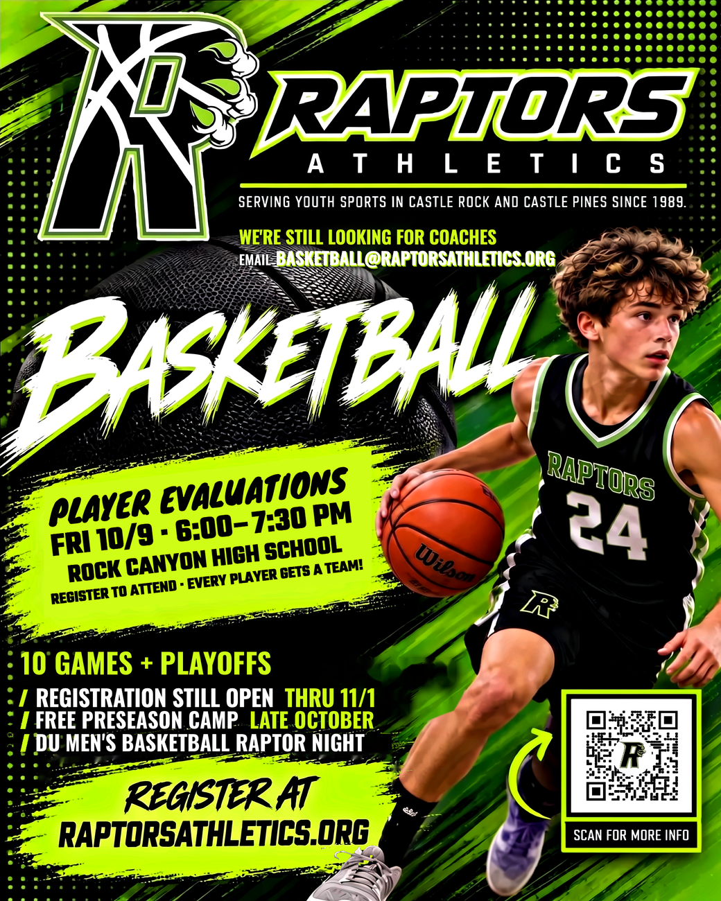 Raptors Basketball player evaluations Friday, October 9 at Rock Canyon High School - registration open through November 1