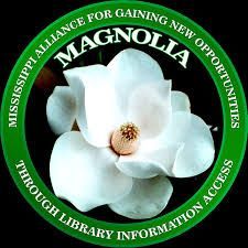 Magnolia logo with white flower in green circle, reading Mississippi Alliance for Gaining New Opportunities Through Library Information Access
