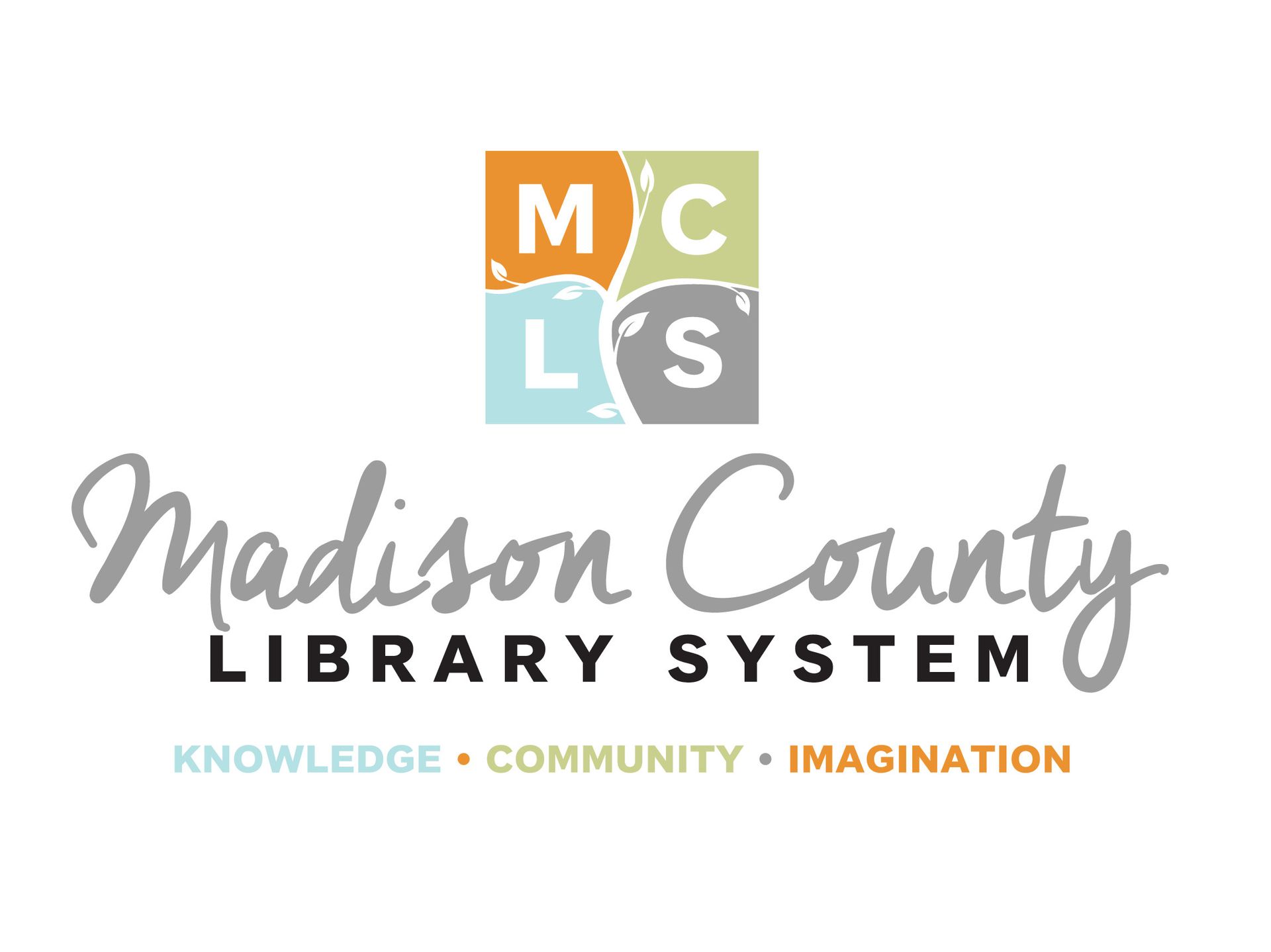Madison County Library System logo with pastel book squares and gray script text