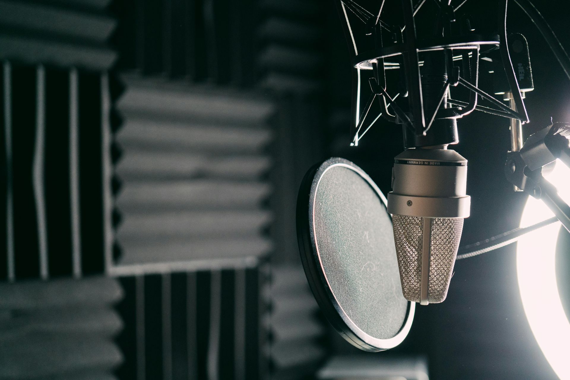 Microphone with pop filter in a soundproofed recording studio, lit by soft side light.