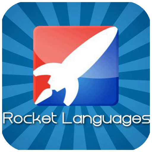 Rocket Languages logo with white rocket on red and blue background, radiating blue stripes