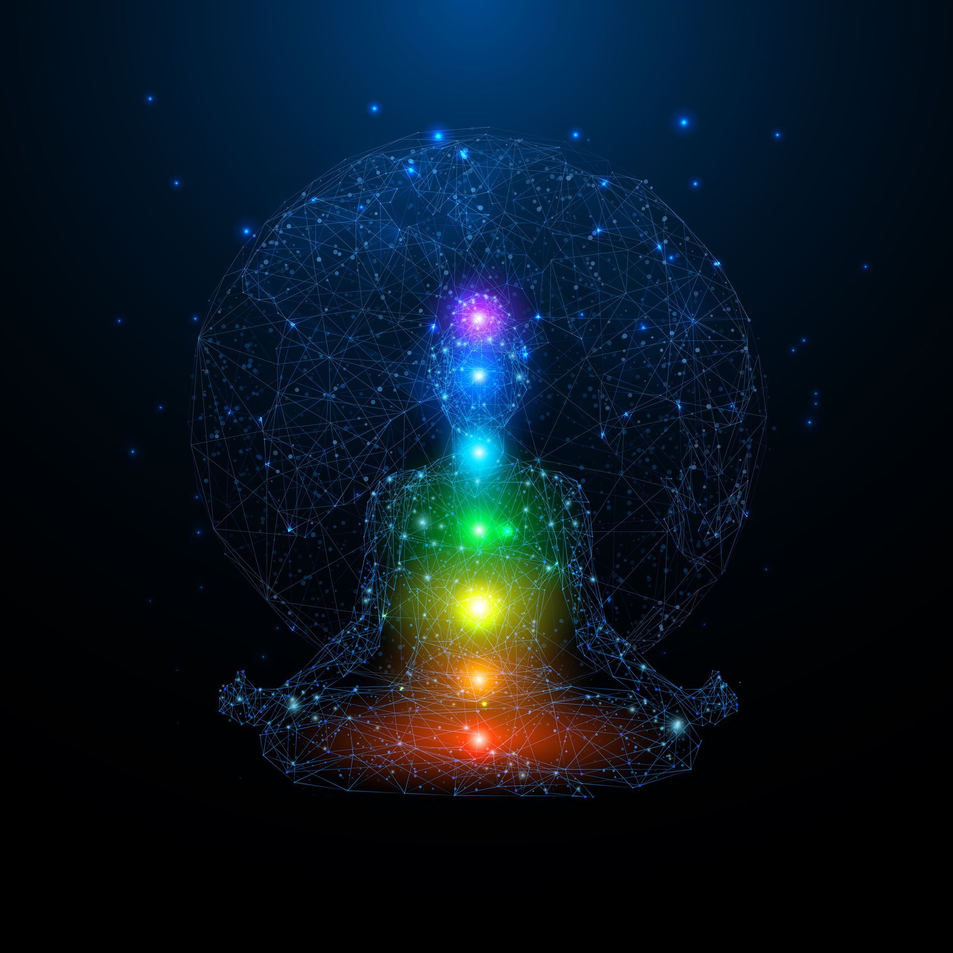 Glowing digital silhouette with a vertical rainbow chakra-like light on a dark background